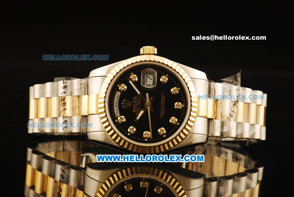 Rolex Day-Date Automatic Two Tone with Black Dial and Gold Bezel - Click Image to Close